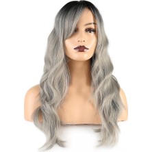 Peruk Market Dalgalı Perçemli Fiber Sentetik Orta Boy Peruk - Siyah Gri Ombreli