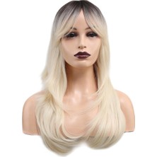 Peruk Market Katlı Kesim Perçemli Düz Fiber Sentetik Orta Boy Peruk - Kahve / Platin Ombreli