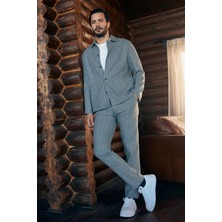 Slim Fit Dar Kesim Yünlü Beli Lastikli Ipli Çizgili Klasik Kumaş Pantolon