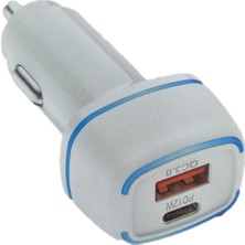 Pd USB Araç Şarj Adaptörü Dual Port Pd 12W + Qc 3.0 12-24V Pd 5V 3.1A 9V 2.2A 12V 1.7A Qc 3.0 3.6-6.5 V Araç Şarjı Yeni Nesil Pd + Standart USB Ledli  Araç Şarj Başlık (Beyaz)