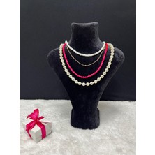 Amor Face Özel Tasarım Fotojenik  Inci-Fuşya Boncuk-Dorika  Luxury 4 Lü Kadın Kolye