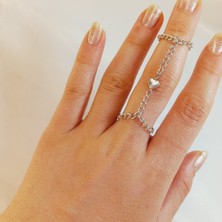 Crystal Atelier Gümüş Kaplamalı Kalp Figürlü Zincirli Yüzük Gümüş Kaplamalı Zincirli Çift Yüzük Minimal Kalp Yüzük