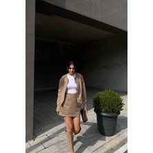 Seda Yalçın Atelier Camel Çift Fermuarlı Süet Ceket Etek Takım