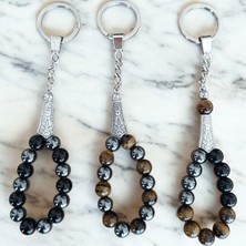 Kaplan Gözü Tesbih Anahtarlık – Hematit - Oniks Doğal Taş Anahtarlık –3 Adet Tesbih Model Anahtarlık