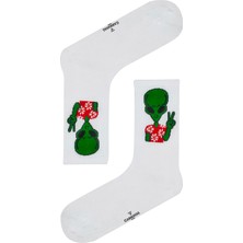 Beyaz Uzaylı Desenli Tenis Çorap