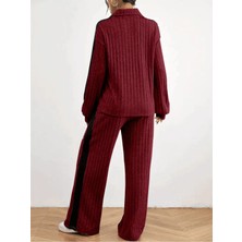 Moda Monisa Kaşkorse Rahat Pantolon Takım & Uzun Kollu Yaka Detaylı Bol Paça Pantolon, Bordo - Siyah