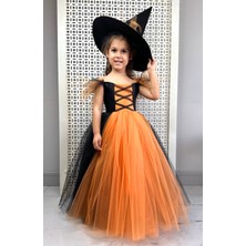Ayliz Kostüm Evi Halloween Turuncu Renkli Kiz Çocuk Cadi Sabrina Kostümü Elbisesi - Kız Doğum Günü Partisi