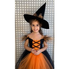 Ayliz Kostüm Evi Halloween Turuncu Renkli Kiz Çocuk Cadi Sabrina Kostümü Elbisesi - Kız Doğum Günü Partisi