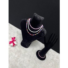 Amor Face Özel Tasarım Pembe-Beyaz Porselen Boncuk Beach Club Kadın 4 Lü Kolye-Bileklik  Takımı