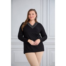 Weron Kadın Büyük Beden V Yaka  Sim Detaylı Bluz