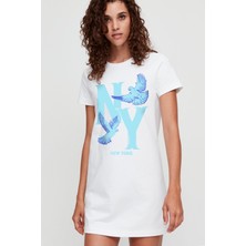 Rock&Roll Ny Güvercinleri Beyaz Kısa Kollu Penye T-Shirt Elbise