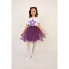 Fatella Kız Çocuk Lila Çiçek Desenli Tişört Lila Tütü Etek Takım 23 Nisan 29 Ekim Gösteri Kıyafeti