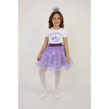 Fatella Kız Çocuk Mor Prenses Desenli Tişört Mor Taçlı Etek Takım 23 Nisan 29 Ekim Gösteri Kıyafeti