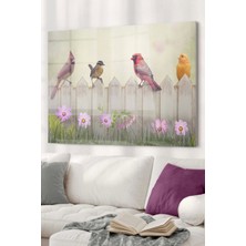 Renkli Serçeler ve Pembe Çiçekler | Hayvan Temalı Cam Tablo | 50 x 70  cm