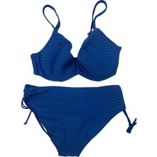 Kadın Saks Mavi Desenli Büyük Beden Astarlı Bikini Takım HZL25S-LC4004