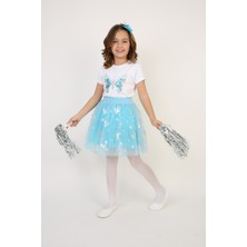 Fatella Kız Çocuk Turkuaz Kelebek Detaylı Tişört Turkuaz Etek Takım 23 Nisan 29 Ekim Gösteri Kıyafeti
