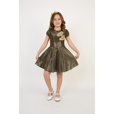 Fatella Kız Çocuk Kurdele Detaylı Kısa Kol Altın Sarısı Gold Elbise 23 Nisan 29 Ekim Gösteri Kıyafeti