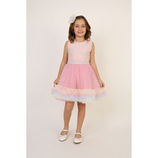 Fatella Kız Çocuk Pembe Karışık Desenli Askılı Elbise 23 Nisan 29 Ekim Gösteri Kıyafeti