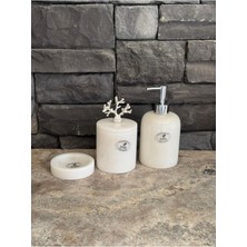 Polen Stone 3'lü Set Beyaz Mermer Gümüş Aksesuarlı Sıvı Sabunluk, Makyaj Pamukluk, Katı Sabunluk