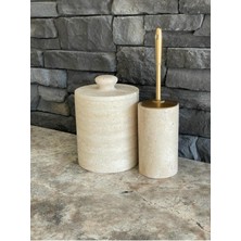 Traverten Doğal Taş Çöp Kovası ve Wc Fırçalığı (Mat Gold Fırça)