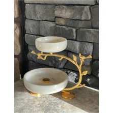 Mermer Dekoratif Gold Aksesuarlı Etajer 2 Katlı Ikramlık / Sunum