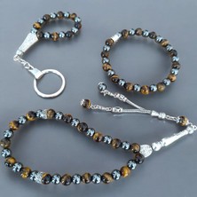 Doğal Taş Bileklik - Doğal Taş Tesbih - Doğal Taş Anahtarlık - 3 Adet Hematit Kaplan Gözü Taşı Seti