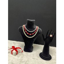 Amor Face Özel Tasarım Kalp-Kırmızı Boncuk-Incinin Şıklığıyla  4 Lü Kadın Kolye-Yüzük Takımı