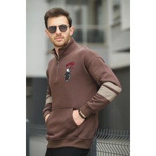 Oksit Babar Üç Iplik Şardonlu Nakışlı Fermuarlı Dik Yaka Oversize Erkek Sweatshirt