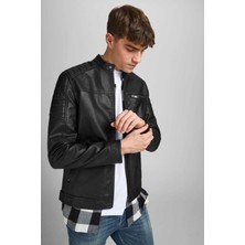 Jack & Jones Erkek Deri Ceket Suni Deri 3XL Uzun Kol Siyah Günlük Stil Cepli