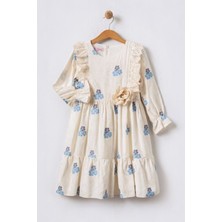 Miniğimin Cicileri Çiçek Desenli Kız Çocuk Fisto Detaylı elbise - Mavi