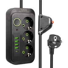 Vea VA-21565 3'lü 1.5 mt Kablolu 4 Usb'li+ Type-C Siyah Akım Korumalı Priz