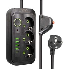Vea VA-21565 3'lü 1.5 mt Kablolu 4 Usb'li+ Type-C Siyah Akım Korumalı Priz