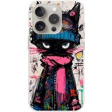 Dali Design Apple iPhone 15 Pro Uyumlu Şeffaf Kılıf Kedi Grafity Tasarımlı