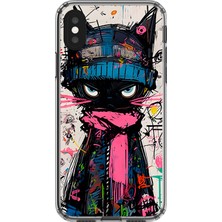 Dali Design Apple iPhone Xs Uyumlu Şeffaf Kılıf Kedi Grafity Tasarımlı