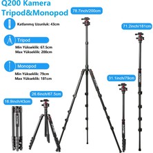 Zomei Q200 Profesyonel Tripod/monopod- Alüminyum Gövde Yapısı 200 cm Uzunluk (Ball Head)