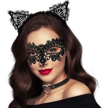 Belle Vista Siyah Renk Dantel Maske ve Dantel Kulak Taç Seti Yetişkin No 10