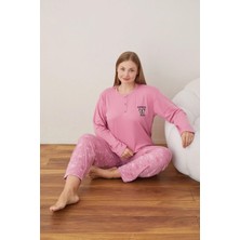 Lindros Kadın Pamuklu Düğme Yaka Raporlu Interlok Battal Pijama Takımı 05110 - 1 Adet