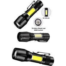 Çerçici Ultra Çift Yönlü Güçlü Pilli LED El Feneri 2000 Lümen + 6W Cob LED Su Geçirmez Zoomlu 3 Modlu