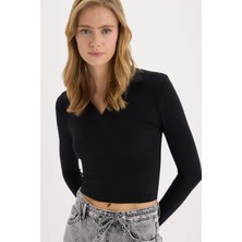 DeFacto Fitted Polo Yaka Basic Düz Modal Uzun Kollu Siyah Tişört E7938AX25SP
