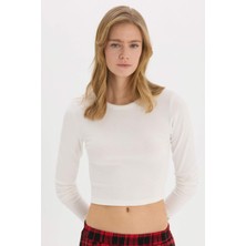 DeFacto Coool Fitted Basic Düz Ribana Uzun Kollu Beyaz Tişört	 E7797AX25SP