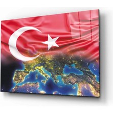 Marsilyan- Türk Bayrağı ve Dünya Haritası  Cam Tablo