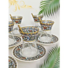 Bitkisel Çini Desenli Cam Porselen 6 Kişilik Çay Seti Tea Set For 6 Persons Premium Porcelain