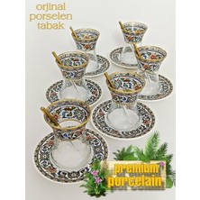 Bitkisel Çini Desenli Cam Porselen 6 Kişilik Çay Seti Tea Set For 6 Persons Premium Porcelain