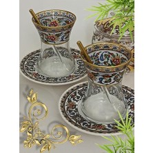 Bitkisel Çini Desenli Cam Porselen 6 Kişilik Çay Seti Tea Set For 6 Persons Premium Porcelain