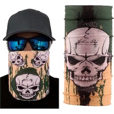 Çerçici Haki Yeşil Renk Üzeri Likralı Kuru Kafa Kafatası Baskılı Baf Buff Bandana 25 x 48  cm