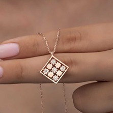 HS Demirci Gümüş Rose Dörtgen Zirkon Taşlı Kadın Kolye