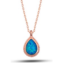 925 Ayar Gümüş Rose Damla Mavi Opal Taşlı Kadın Kolye