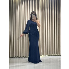 Lacivert Tek Omuz Tek Uzun Kollu Önü Drapeli Uzun Abiye Elbise GS7600