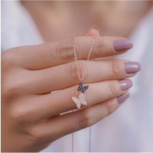 Moda Gümüş Evi 925 Ayar Gümüş Ikili Kelebek Tasarımlı Rose Kaplama Kadın Kolye
