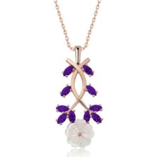 Moda Gümüş Evi 925 Ayar Gümüş Şık Tasarımlı Mor Taşlı Çiçek Gümüş Kolye Rose Renk
